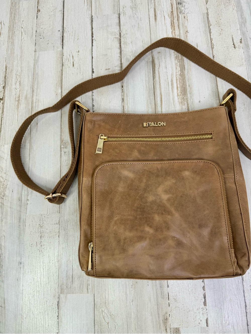 Estalon Brown Genuine Leather Crossbody Messenger Bag Zip Top Adjustable Strap - Picture 3 of 10